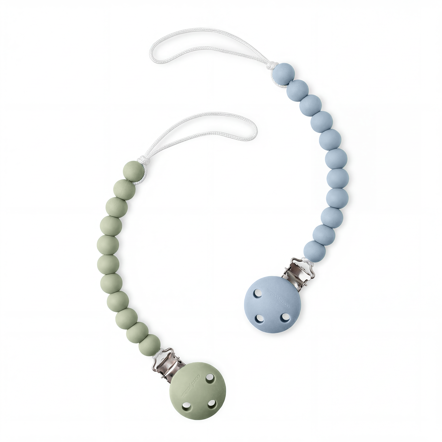 Two beaded pacifier clips in pacific blue and sage with metal clasps