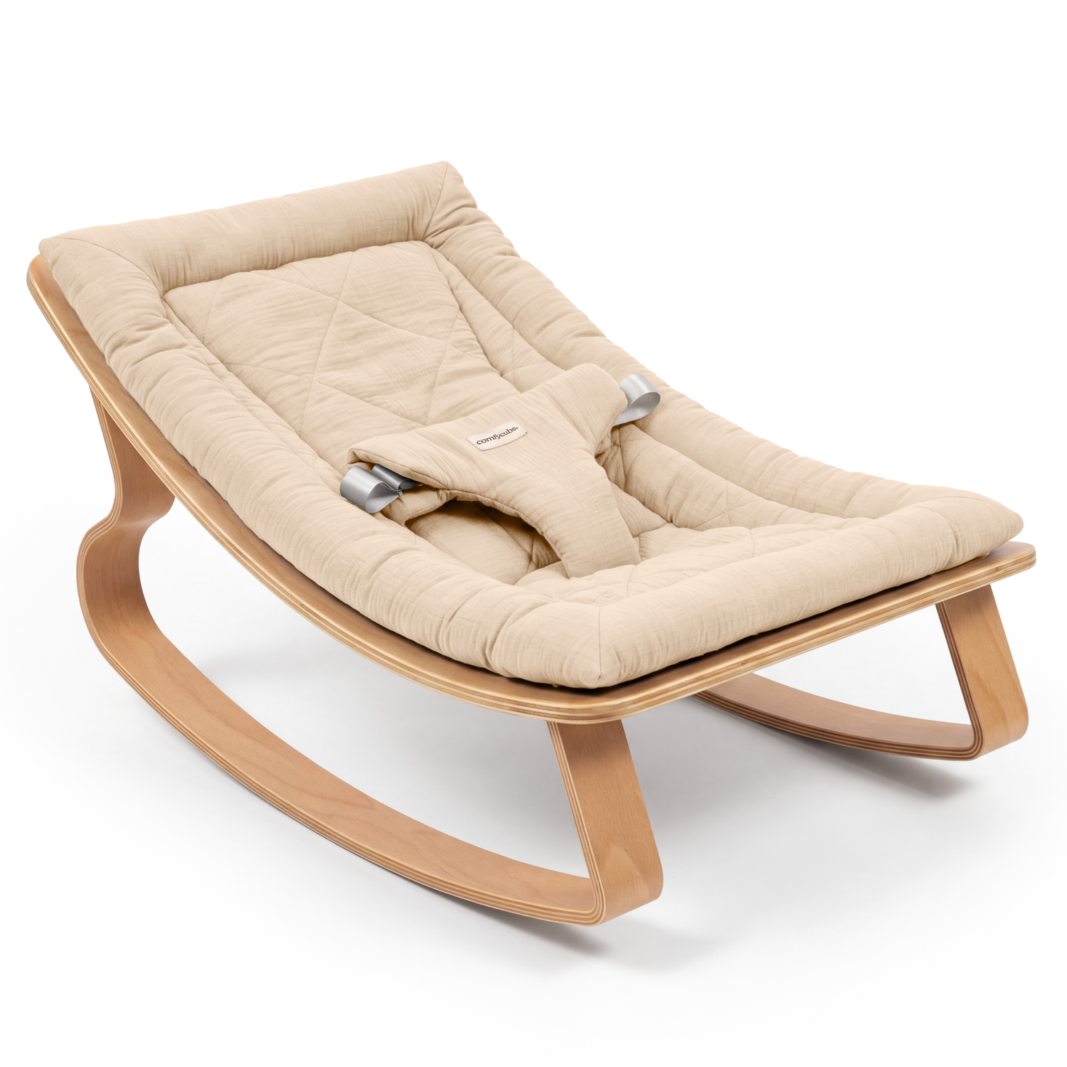 Baby rocker with wooden frame and muslin cushion, designed for 0-24 months