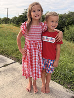 Summer Plaid Smocked Ruffle Girl Dress Sibling Outfits by Rylee Faith Designs at Everetts Place