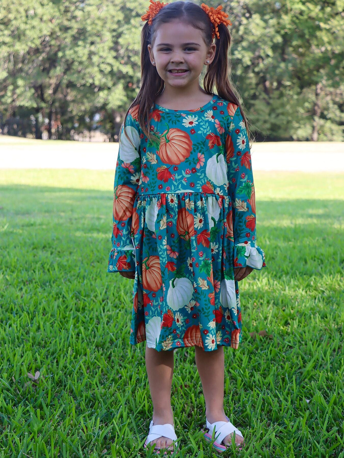Thanksgiving Day Fall Girls Set Of 2 Pcs In One Package Pumpkin Print Dress by Rylee Faith Designs