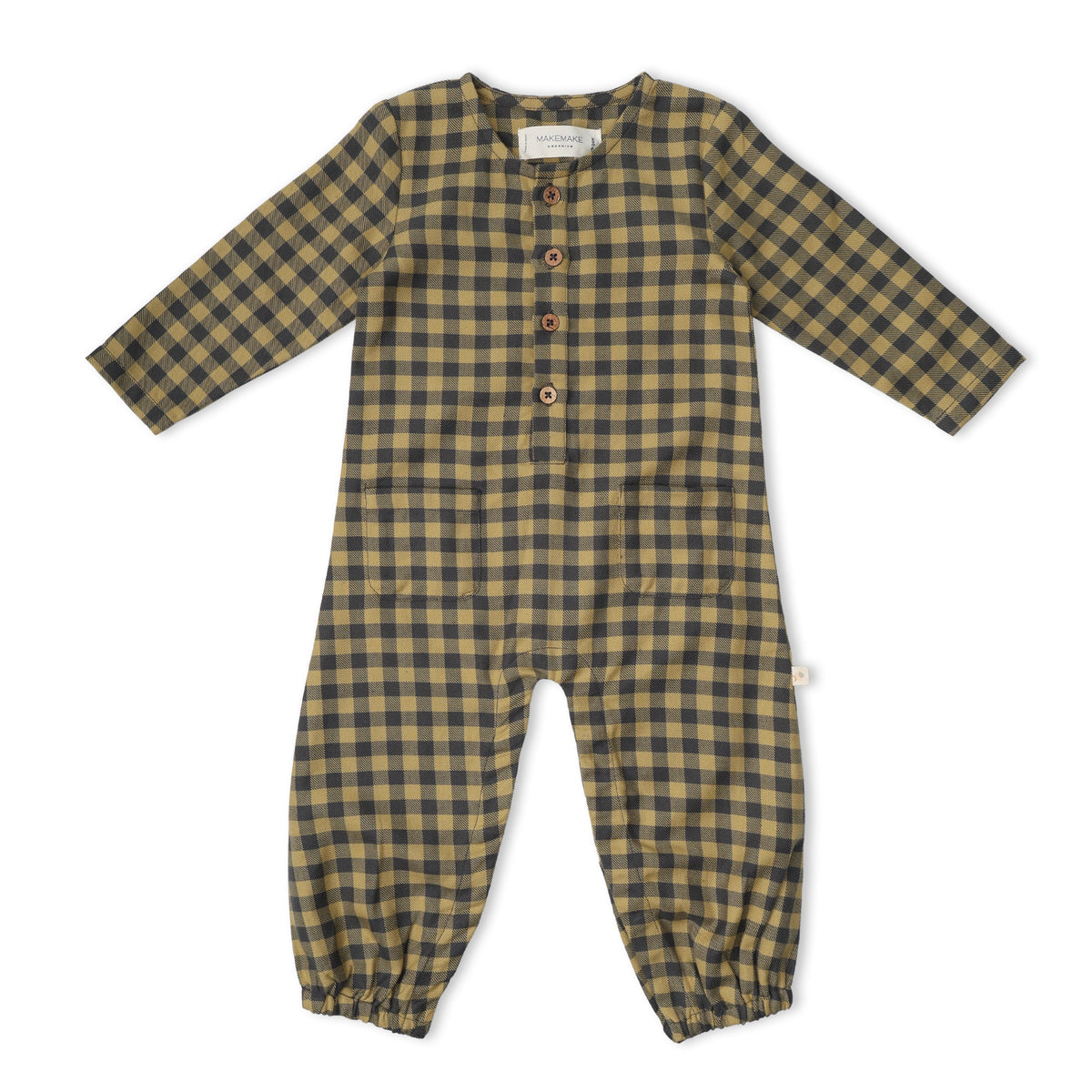 Organic Long Sleeve Button Romper - Olive Gingham by Makemake Organics