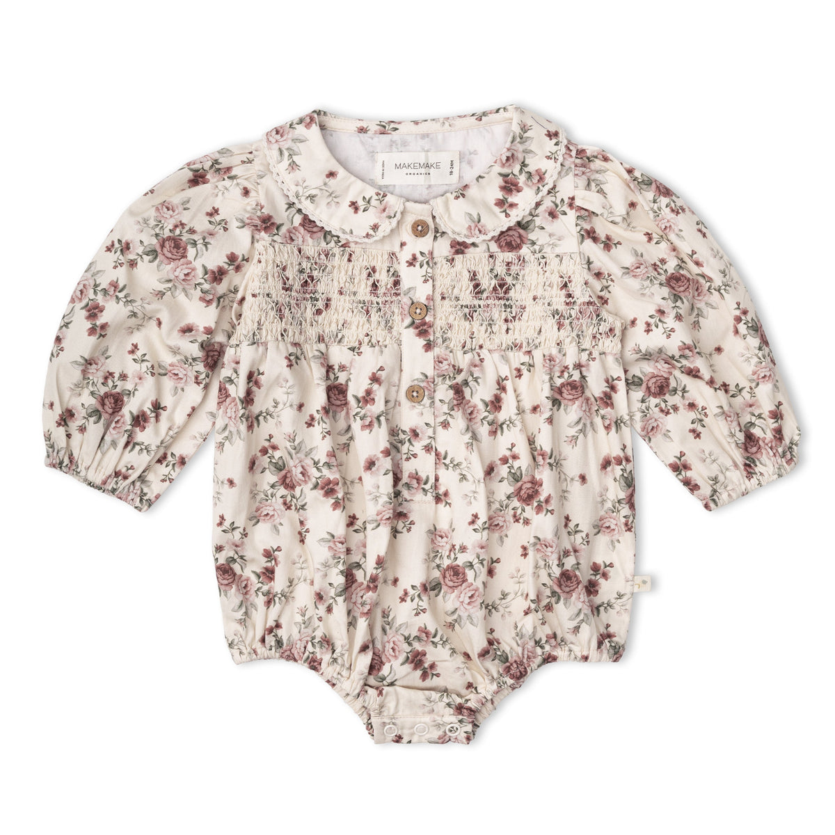 Organic Smocked Long Sleeve Bubble Romper - Wildrose by Makemake Organics