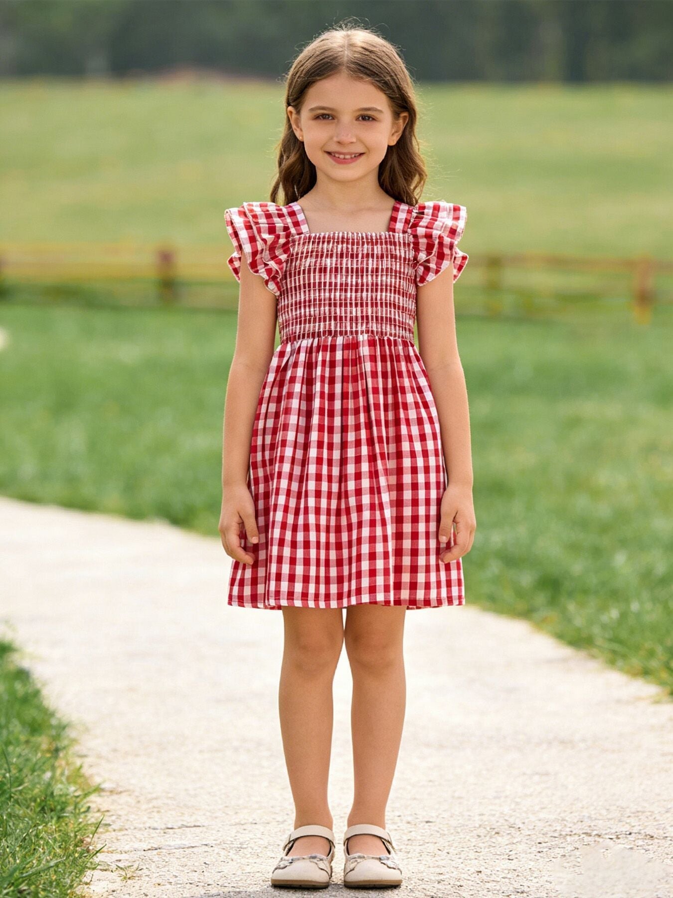 Summer Plaid Smocked Ruffle Girl Dress Sibling Outfits by Rylee Faith Designs at Everetts Place