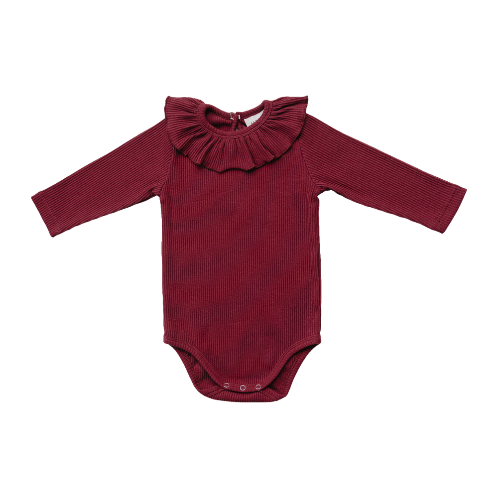 Burgundy ribbed baby bodysuit with a gathered ruffle collar and snap closures at the bottom