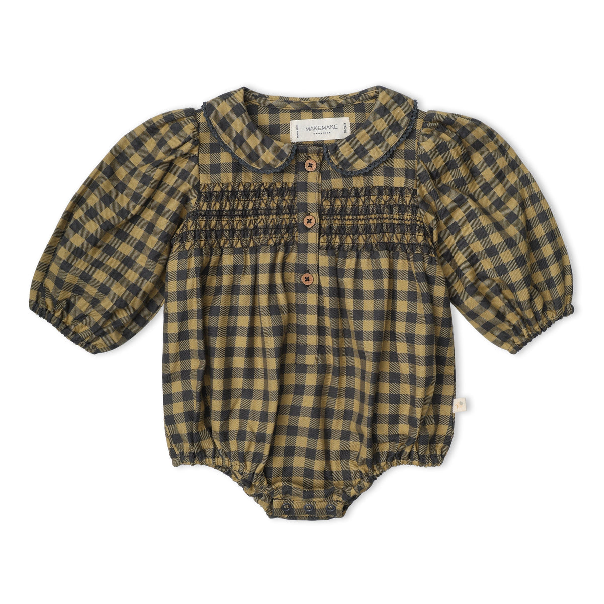 Organic Smocked Long Sleeve Bubble Romper - Olive Gingham by Makemake Organics