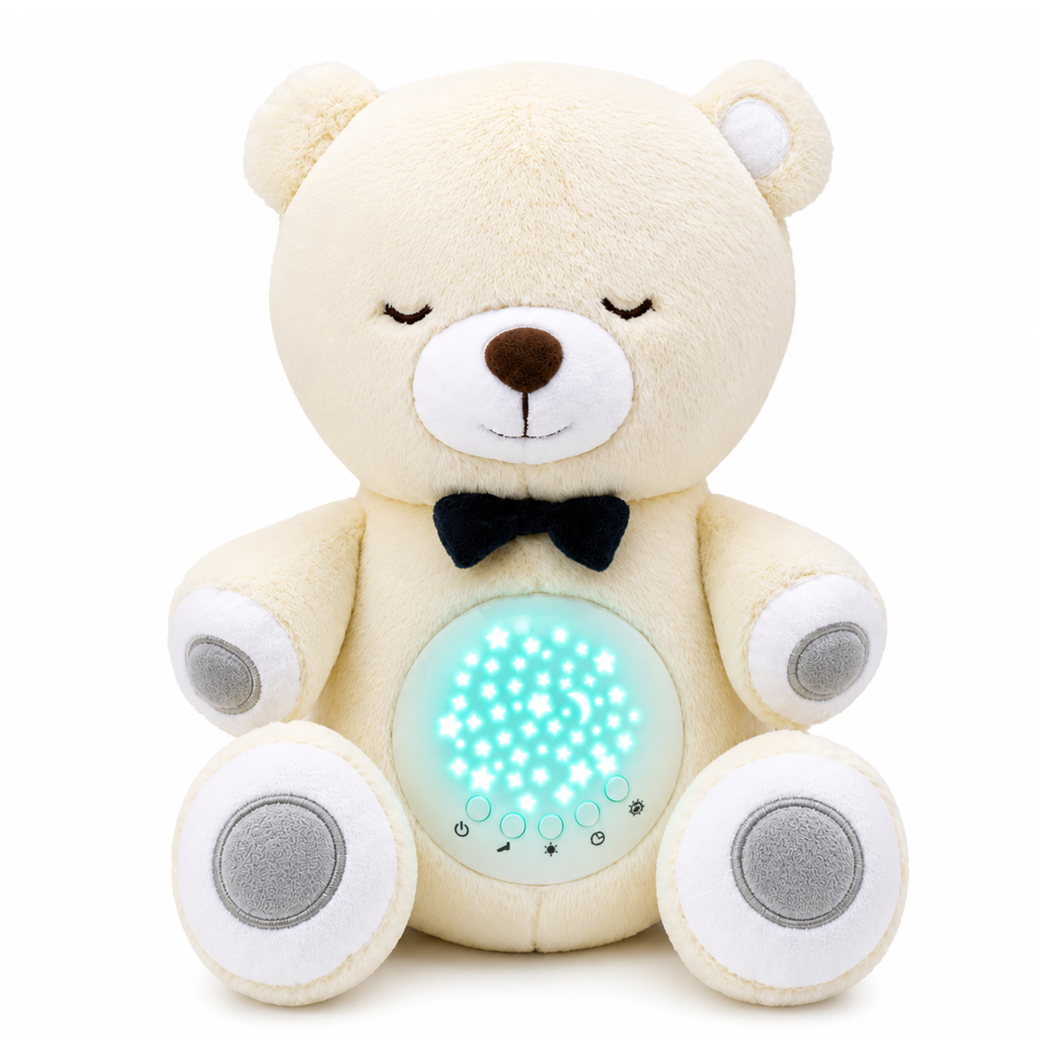 Bear-shaped nursery night light and sound machine that projects stars, sitting beside a crib rail