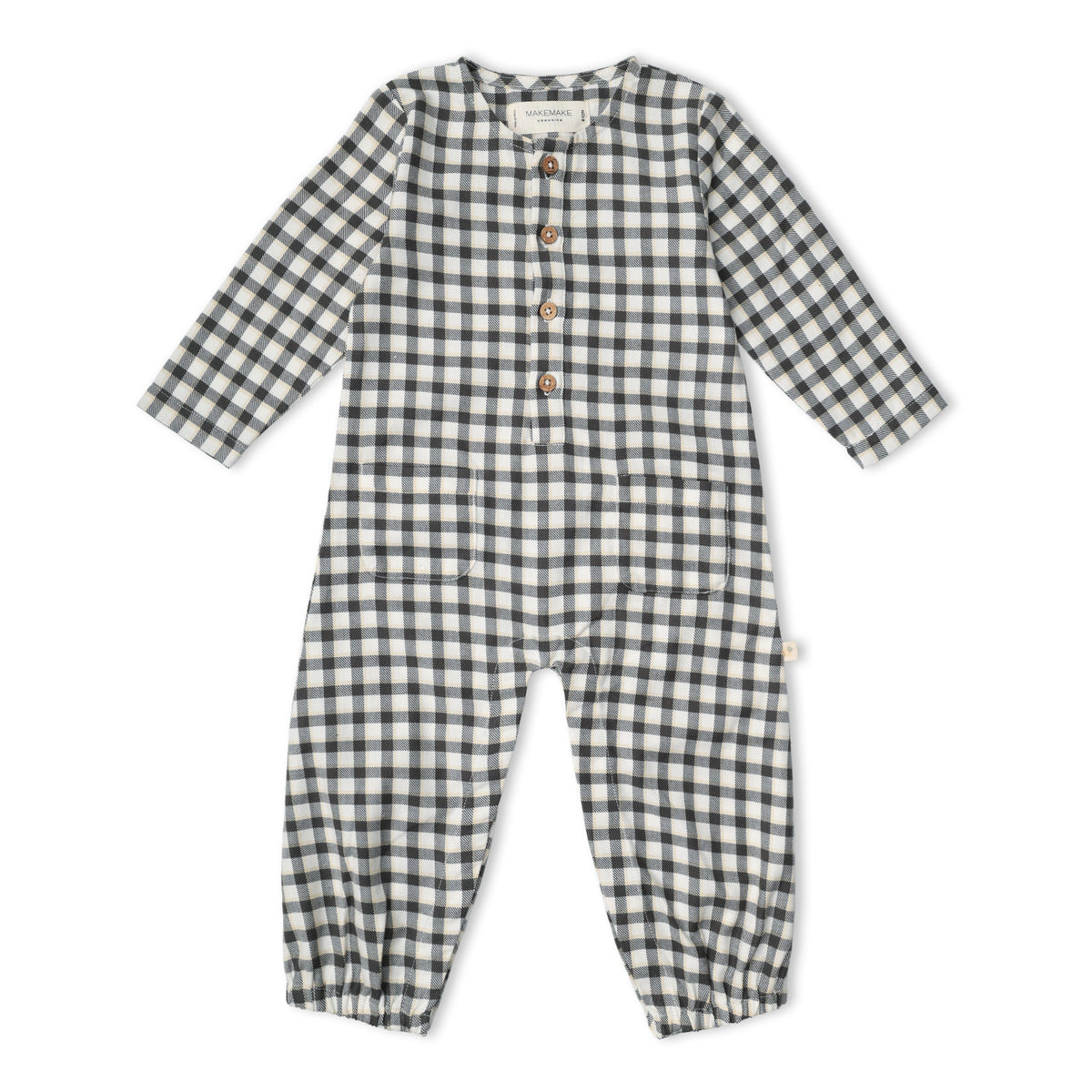 Organic Long Sleeve Button Romper - Charcoal Plaid by Makemake Organics