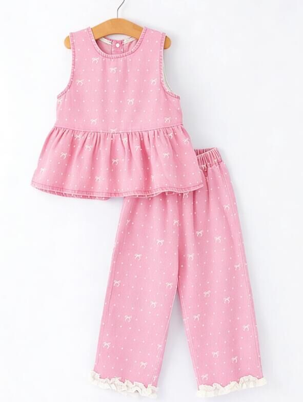 Spring Bow Dot Denim Ruffle Top and Pants Set 3/4 Pants by Rylee Faith Designs