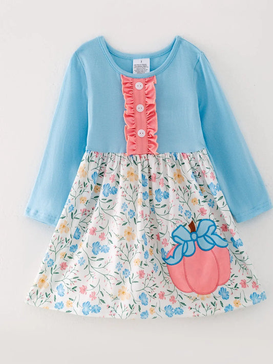 Cute Floral Print Long Sleeve Dress with Pumpkin Applique for Girls Rylee Faith Designs