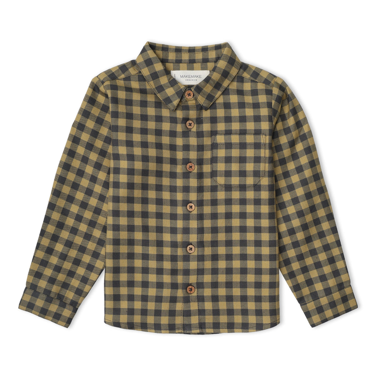 Organic Collared Long Sleeve Shirt - Olive Gingham by Makemake Organics