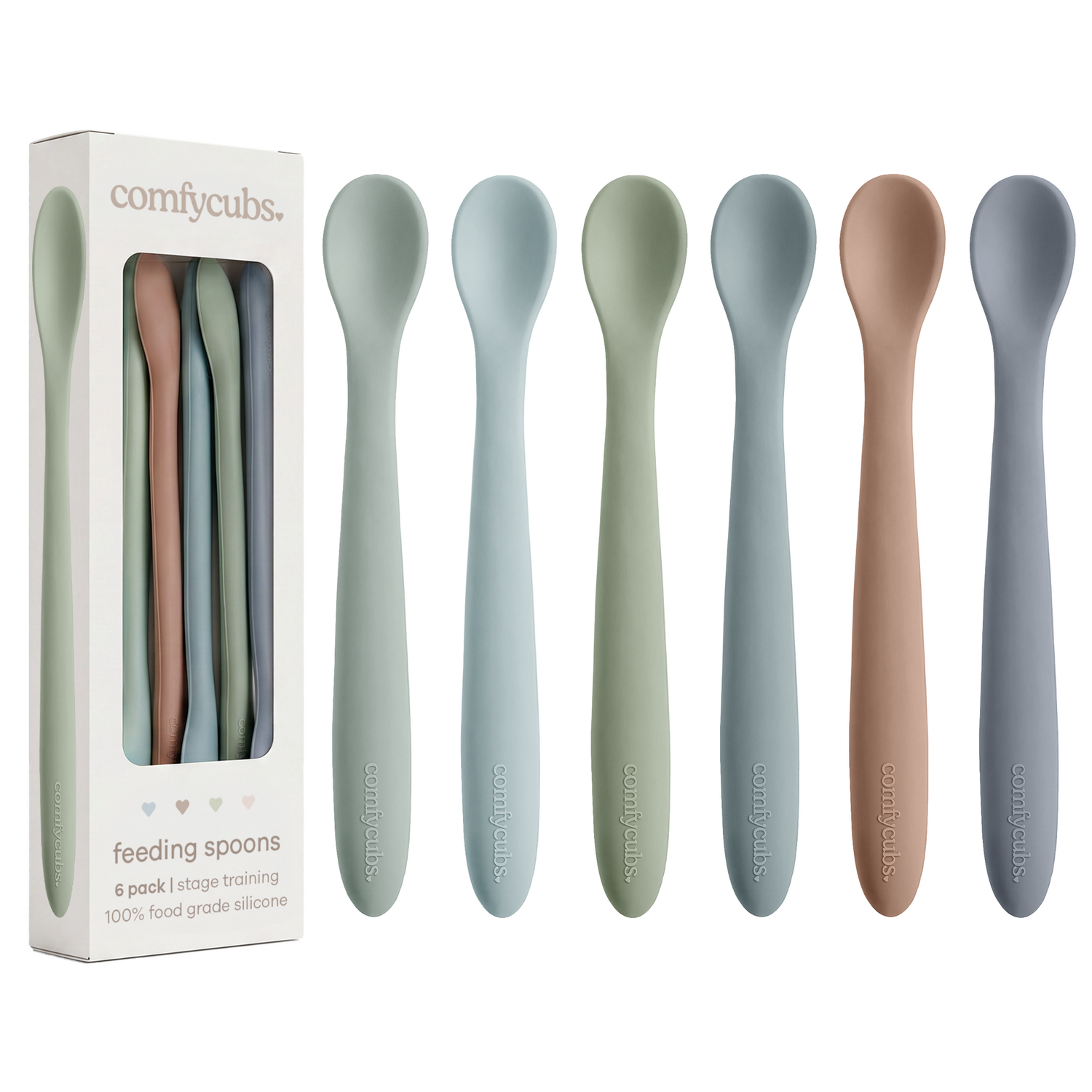 Set of six ocean blue silicone baby feeding spoons