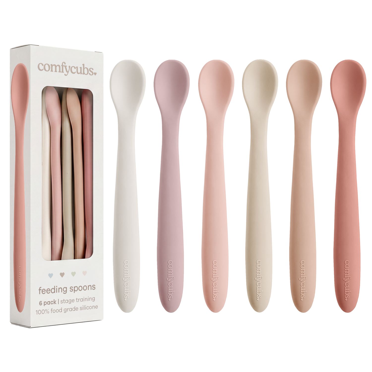 Set of six blush silicone baby feeding spoons