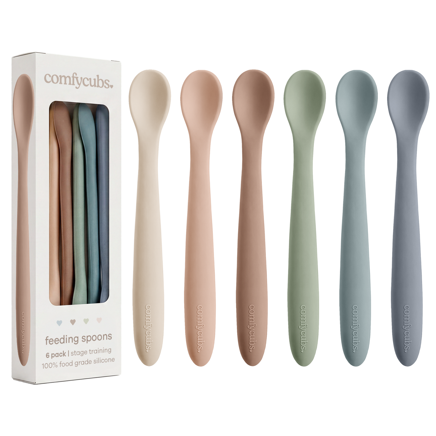 Set of six sand-colored silicone baby feeding spoons