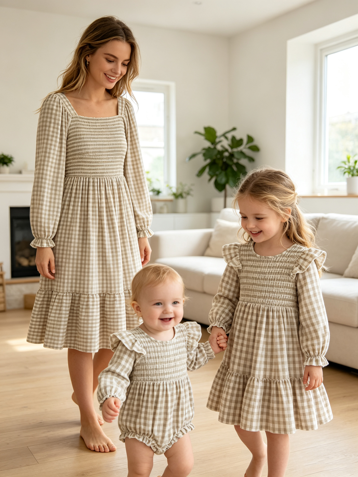 Mommy and me neutral plaid outfits: smocked ruffle girls' dress, baby smocked bubble, and matching adult dress