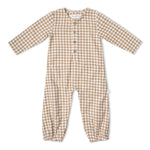Organic Long Sleeve Button Romper - Oat Gingham by Makemake Organics
