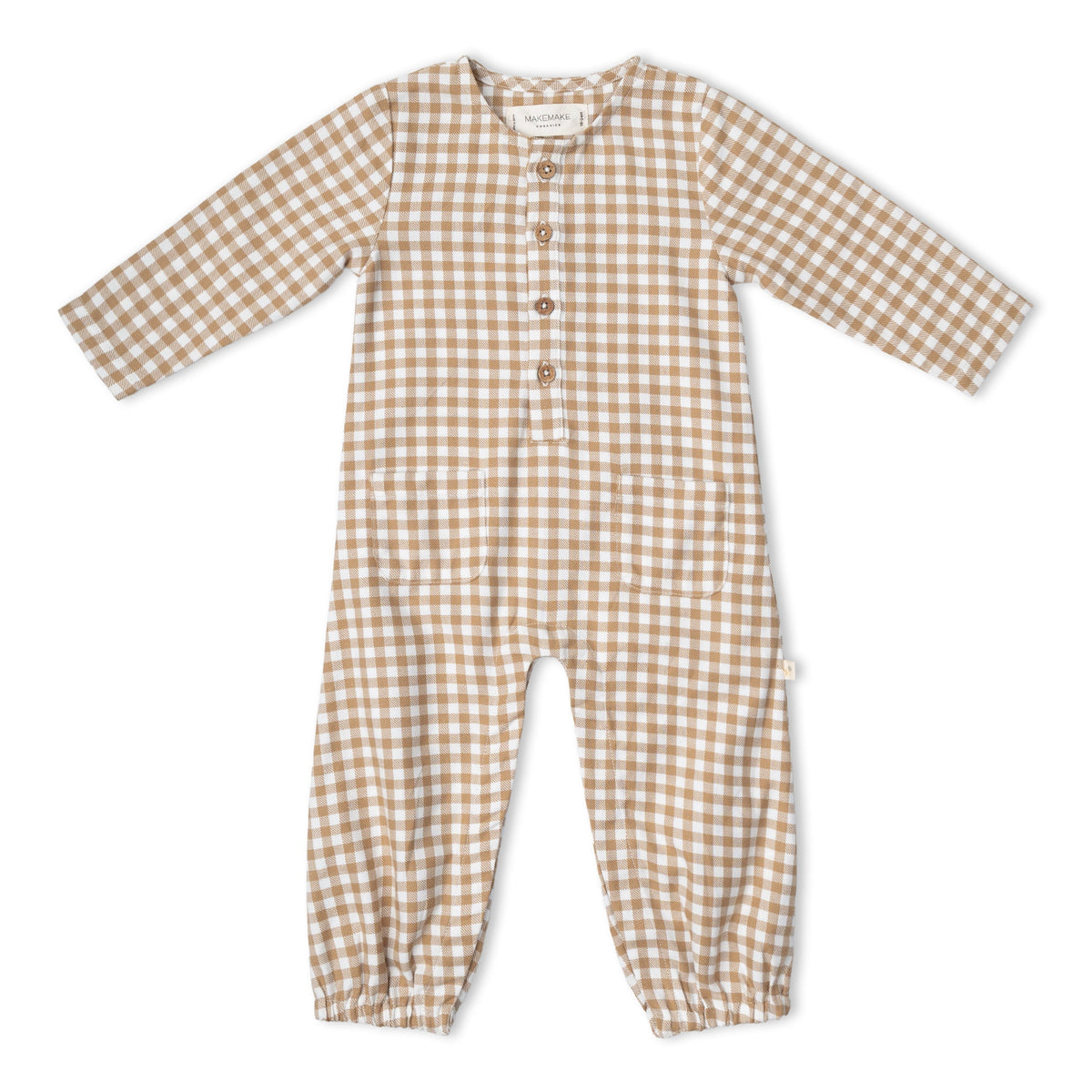 Organic Long Sleeve Button Romper - Oat Gingham by Makemake Organics