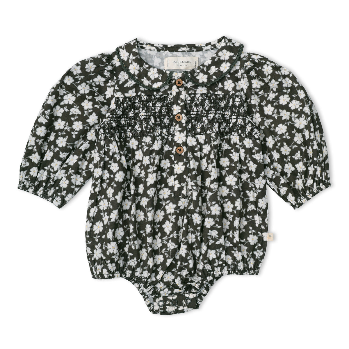 Organic Smocked Long Sleeve Bubble Romper - Twilight Meadow by Makemake Organics