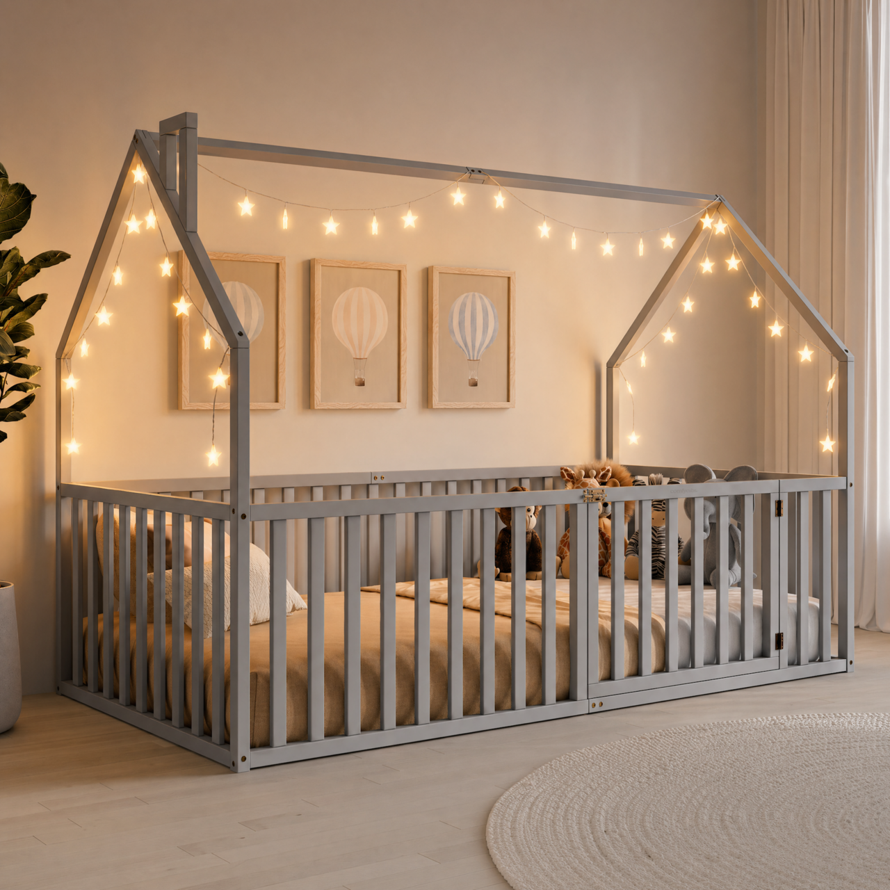 Grey house-shaped gated wooden floor bed frame for kids, twin size, with pitched open-top roof and slatted sides