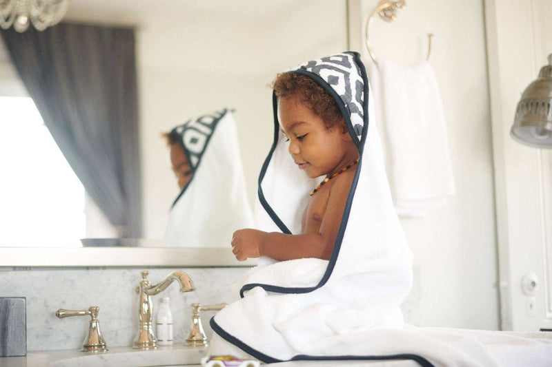 Moroccan Blue Cotton Hooded Towel and Washcloth Set with Child in Bathroom