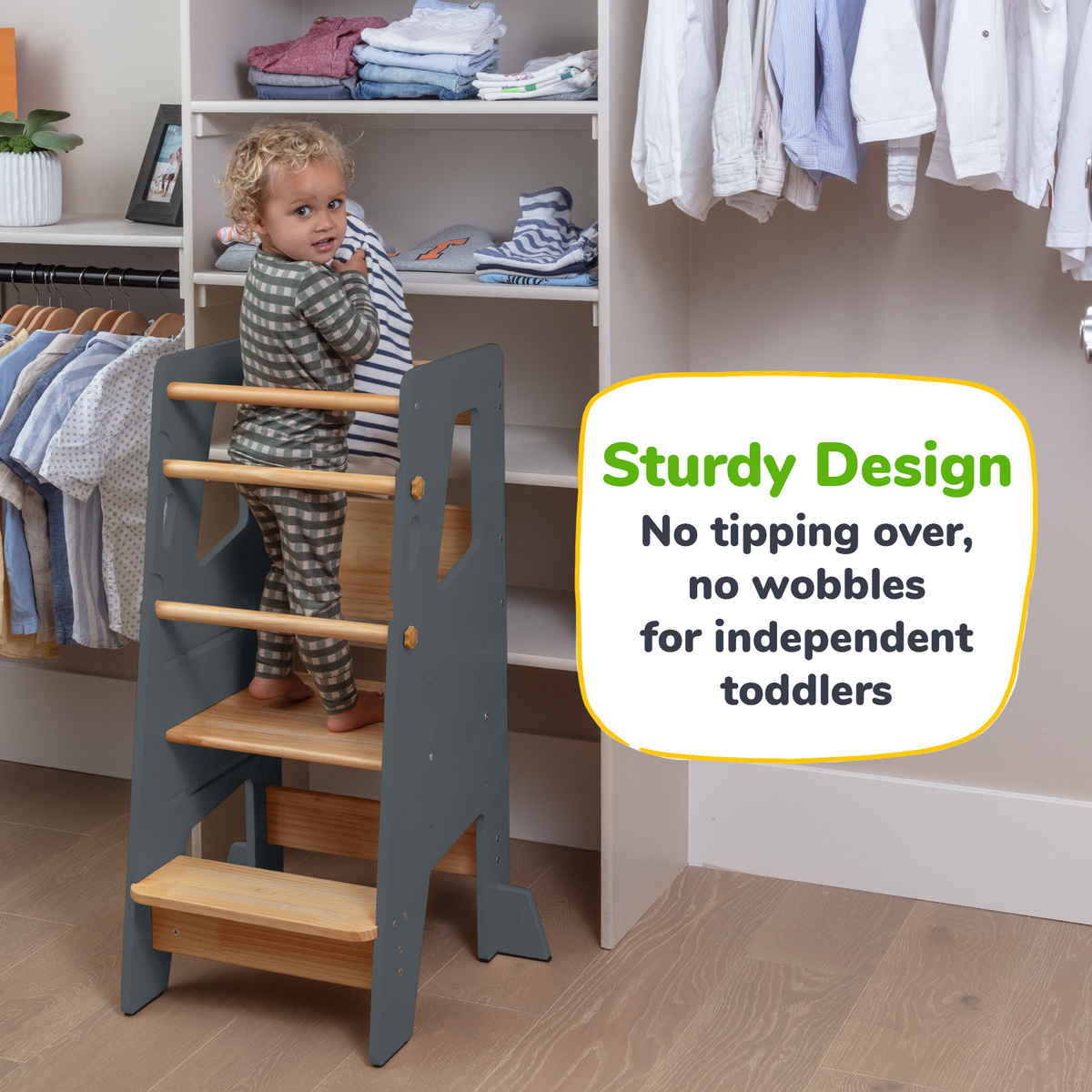 Ocodile adjustable toddler kitchen tower with safety bars.