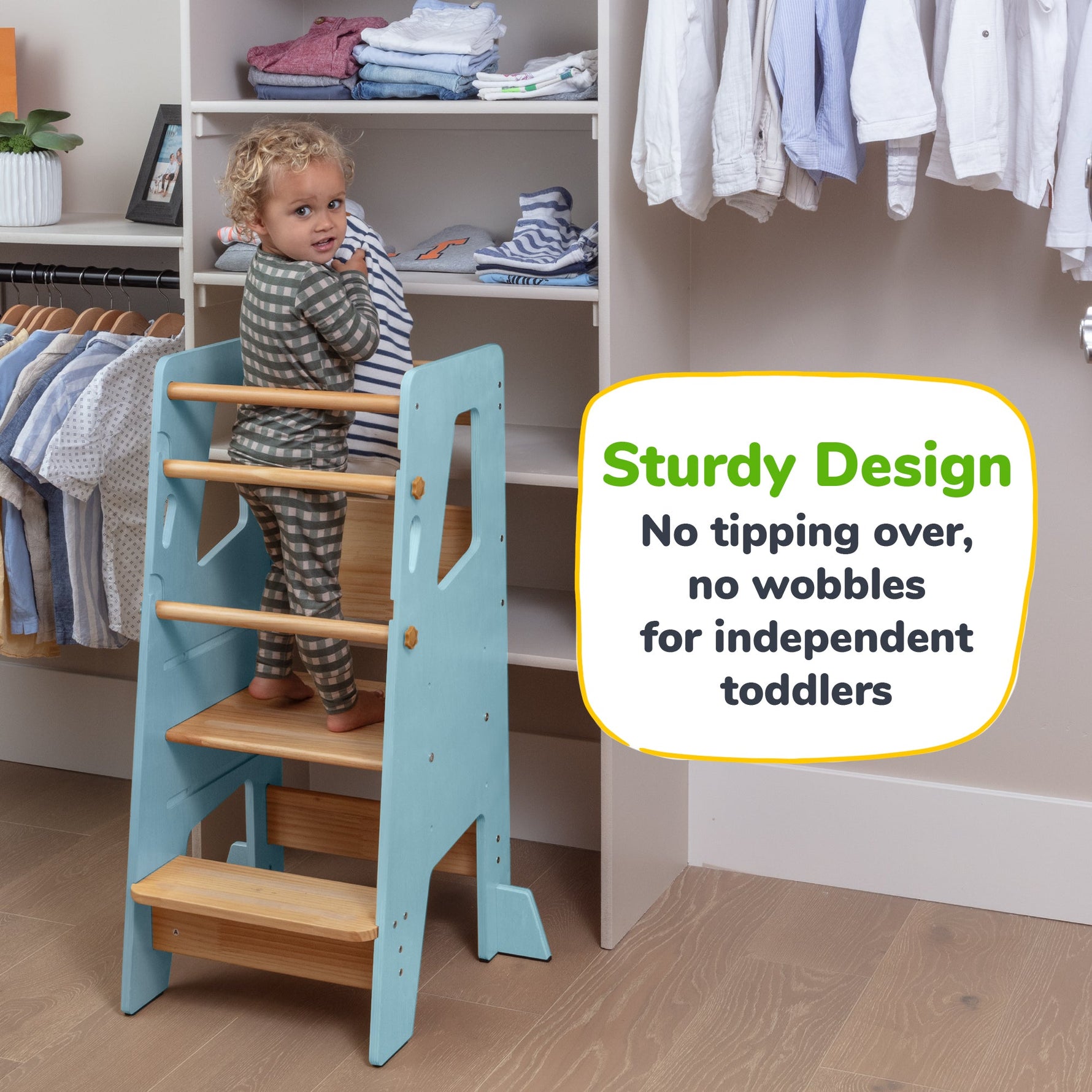 Ocodile adjustable toddler kitchen tower with safety bars.