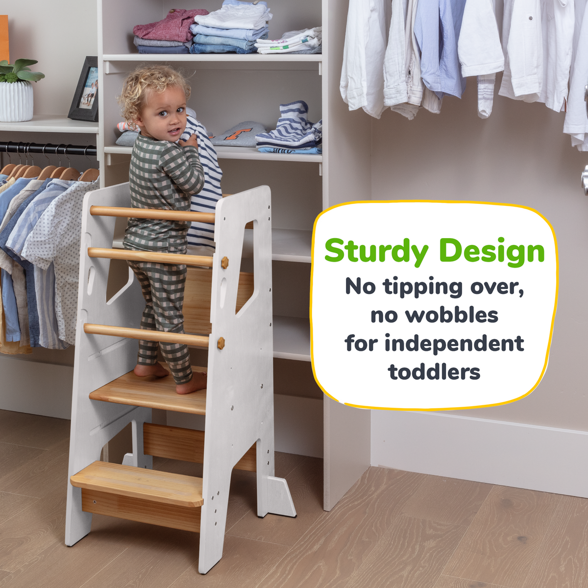 Adjustable Ocodile toddler kitchen tower, natural wood, with safety bars.