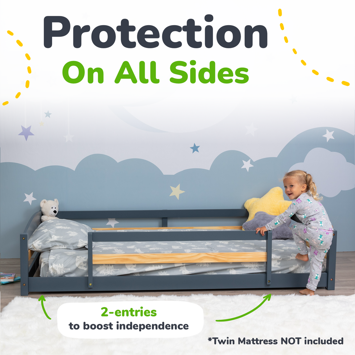 Twin Size Montessori-Inspired Floor Bed with Safety Guardrails for Kids by Ocodile.com