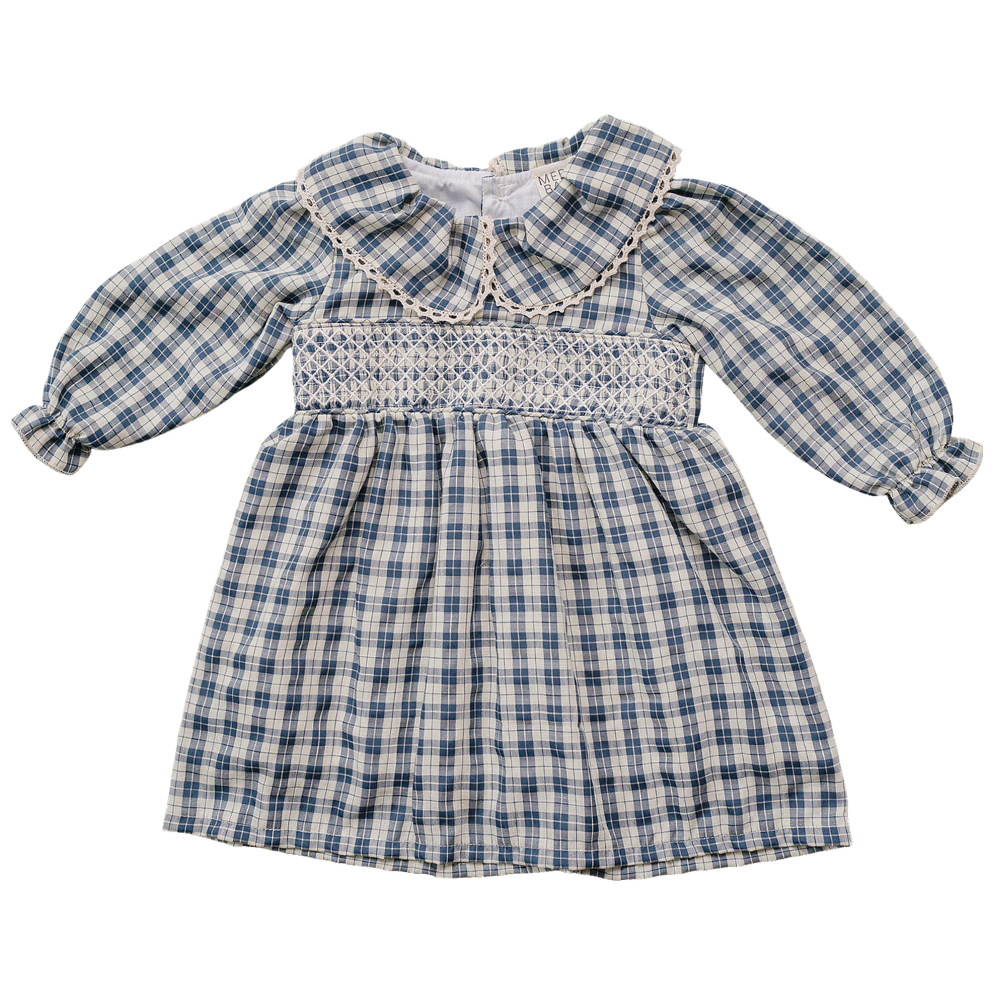 Blue plaid long-sleeve baby dress with a white ruffled Peter Pan collar