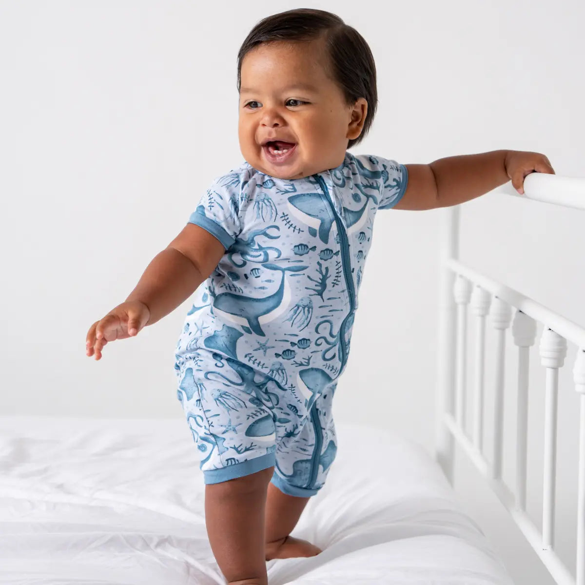 Baby Short Sleeve Bamboo Romper with LuxeWeave Fabric for Softness and Comfort.