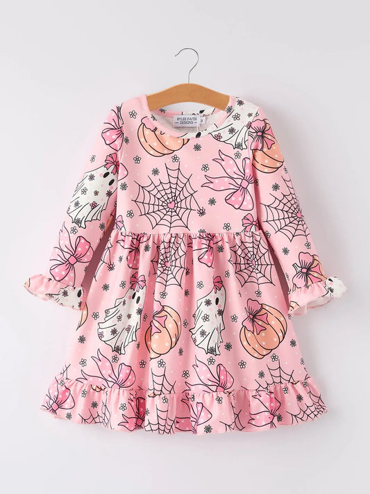 Spooky Halloween Dress with Ghost and Pumpkin Print for Festive Women Rylee Faith Designs