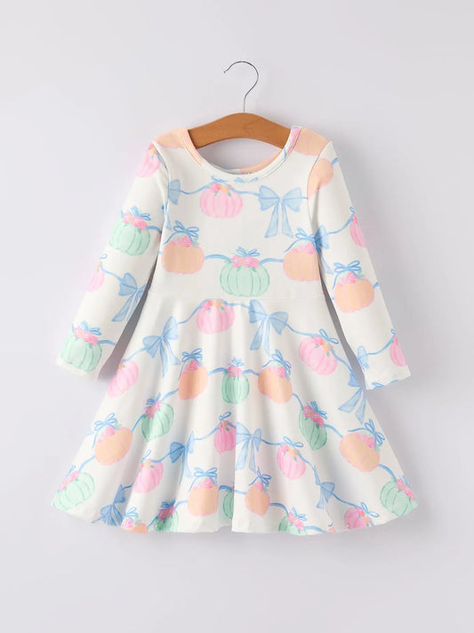 Festive Pumpkin Bow Print Long Sleeve Dress for Halloween Celebrations Rylee Faith Designs