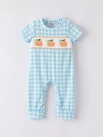 Rylee Faith Designs Adorable Blue Plaid Pumpkin Embroidery Romper for Halloween Boys - Apparel & Accessories > Clothing > Baby & Toddler Clothing > Baby & Toddler Outfits Romper