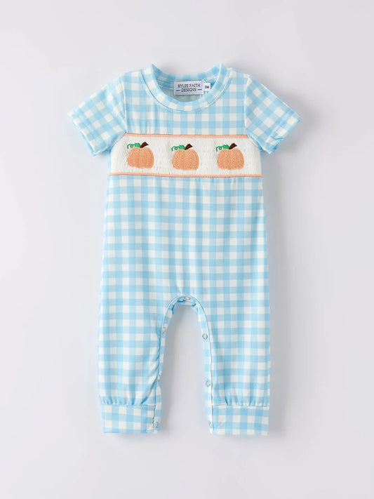 Adorable Blue Plaid Pumpkin Embroidery Romper for Halloween Boys Rylee Faith Designs