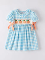 Rylee Faith Designs Unique Pumpkin Embroidery Smocking Dress in Blue Plaid for Fall Celebrations - Apparel & Accessories > Clothing > Dresses Dress