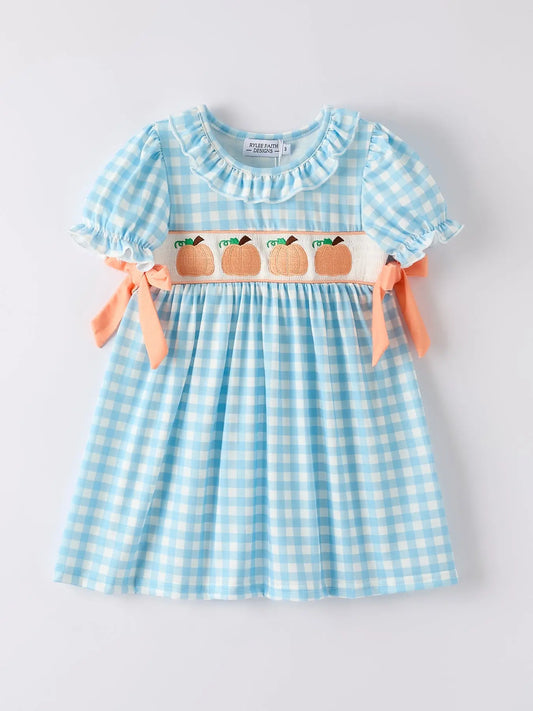 Unique Pumpkin Embroidery Smocking Dress in Blue Plaid for Fall Celebrations Rylee Faith Designs
