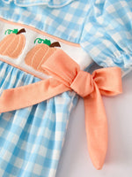 Rylee Faith Designs Unique Pumpkin Embroidery Smocking Dress in Blue Plaid for Fall Celebrations - Apparel & Accessories > Clothing > Dresses Dress