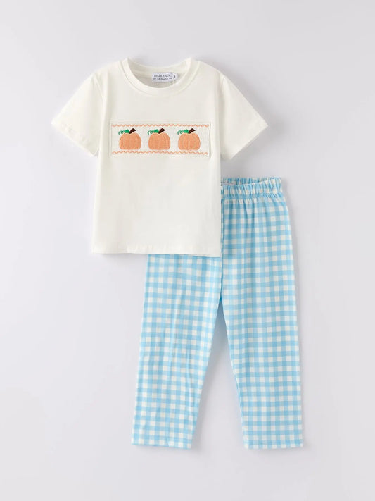 Quality Cotton Boys Halloween Pumpkin Embroidery Smocking Set for Fall Rylee Faith Designs