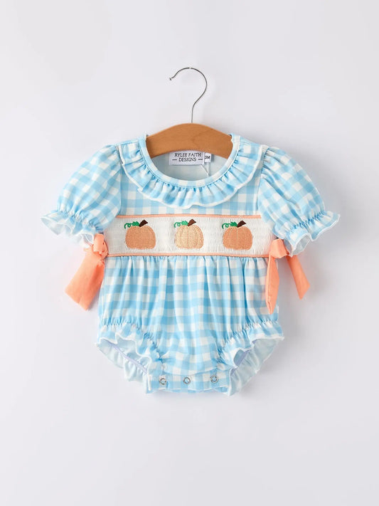 Adorable Pumpkin Embroidery Blue Plaid Romper for Halloween Babies Rylee Faith Designs