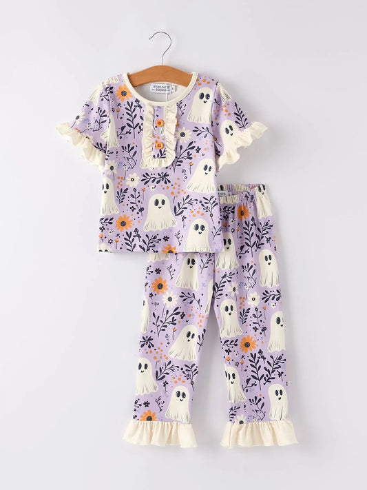 Halloween Ghost Floral Print Ruffled Pajamas for Stylish Girls Rylee Faith Designs