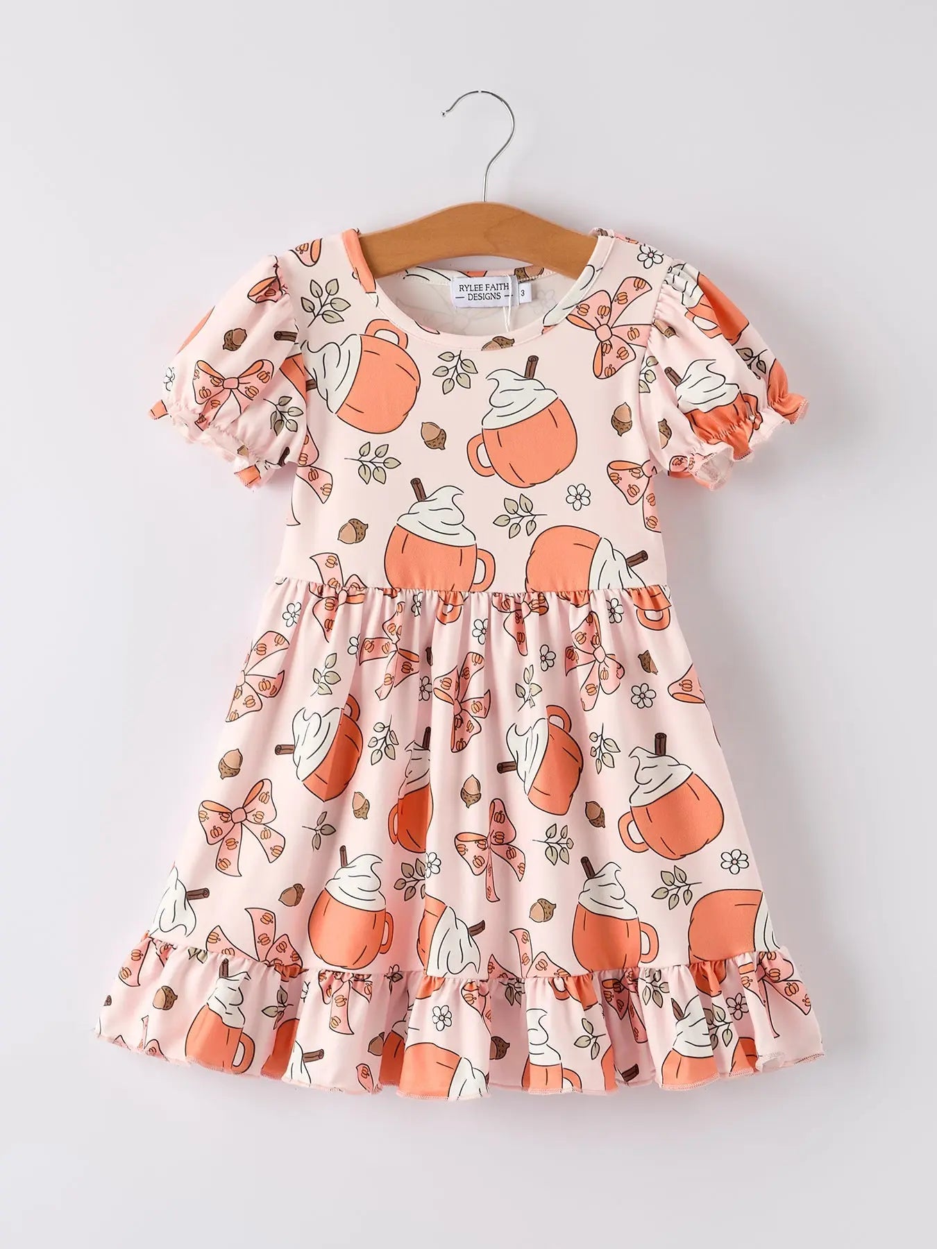 Rylee Faith Designs Festive Halloween Pine Cone Coffee Print Dress for Girls - Apparel & Accessories > Clothing > Dresses Dress