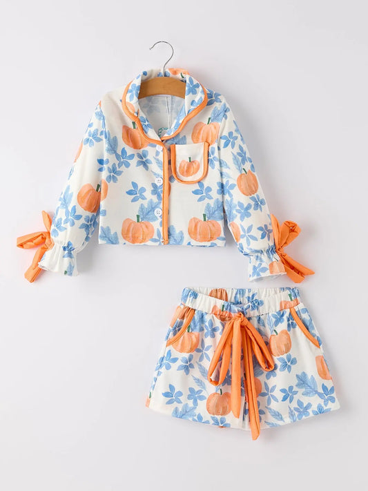 Thanksgiving Pumpkin Floral Print Pajama Set for Girls Cozy Comfort Rylee Faith Designs