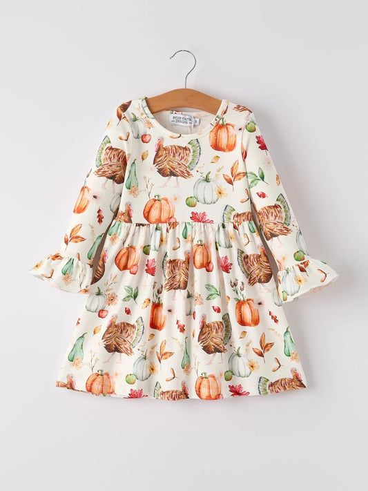 Vintage Fall Dress with Pumpkin and Turkey Print for Thanksgiving Celebrations Rylee Faith Designs