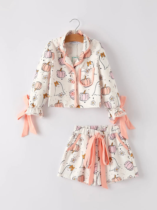 Cozy Halloween Ghost Pumpkin Print Pajama Set for Girls Rylee Faith Designs