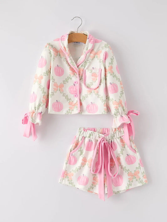 Adorable Halloween Pumpkin Floral Print Pajama Set for Girls Rylee Faith Designs