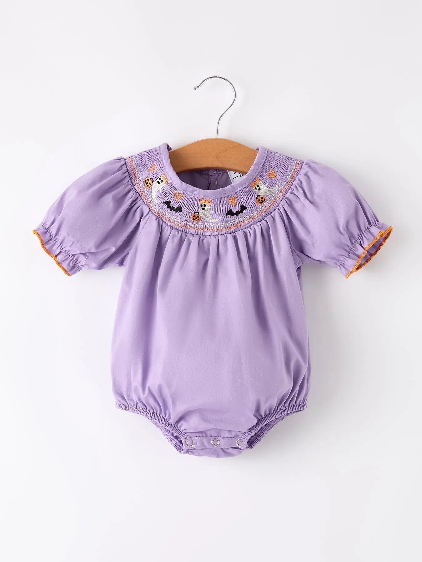 Rylee Faith Designs Adorable Purple Halloween Smock Romper with Embroidery for Baby Girls - Apparel & Accessories > Clothing > Baby & Toddler Clothing > Baby One-Pieces Romper