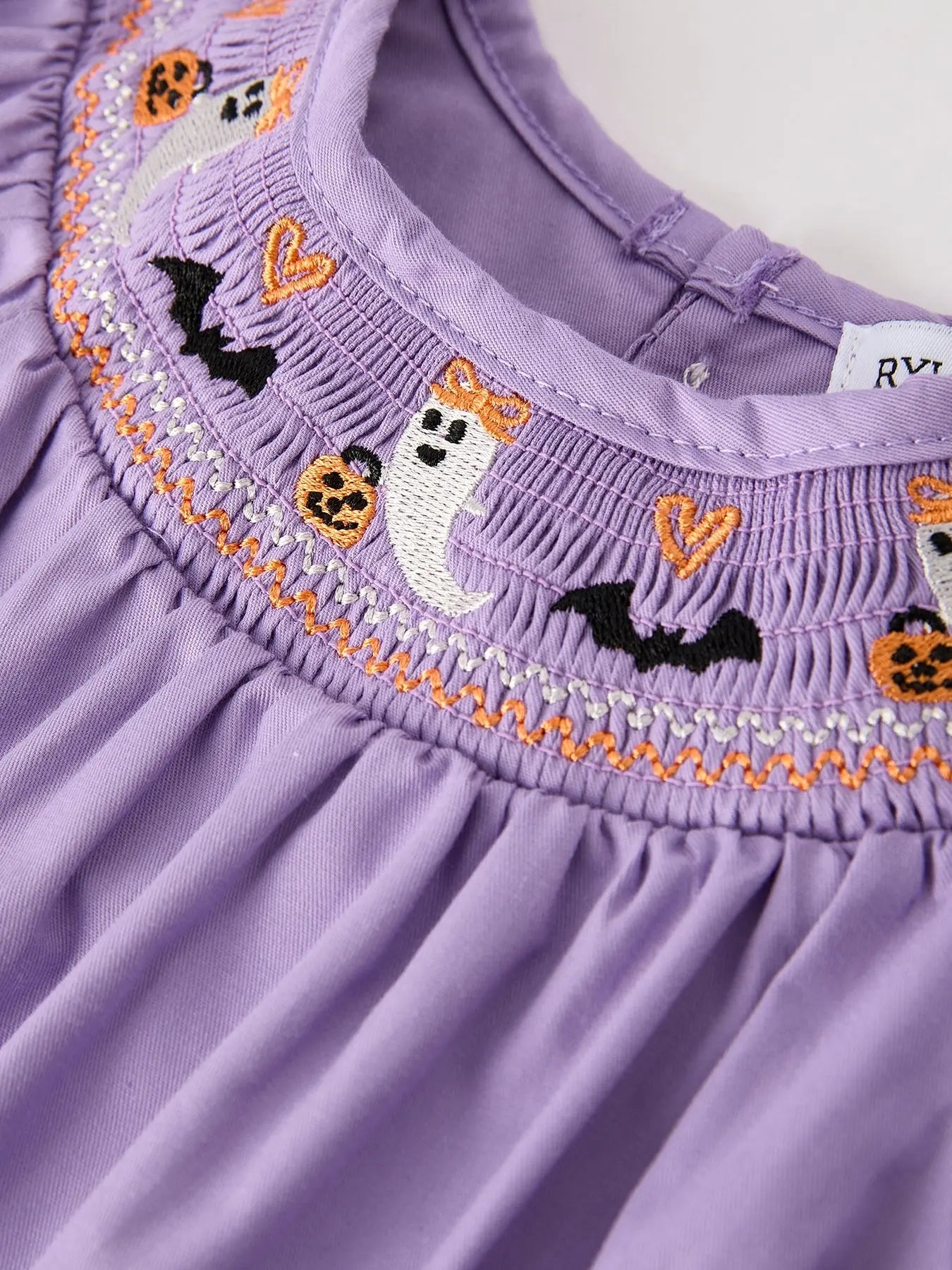 Rylee Faith Designs Adorable Purple Halloween Smock Romper with Embroidery for Baby Girls - Apparel & Accessories > Clothing > Baby & Toddler Clothing > Baby One-Pieces Romper
