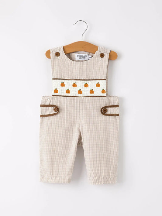 Seasonal Pumpkin Smock Embroidered Romper for Baby Boys Fall Fashion Rylee Faith Designs