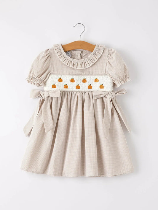 Charming Pumpkin Embroidery Plaid Dress for Girls During Fall Celebrations Rylee Faith Designs