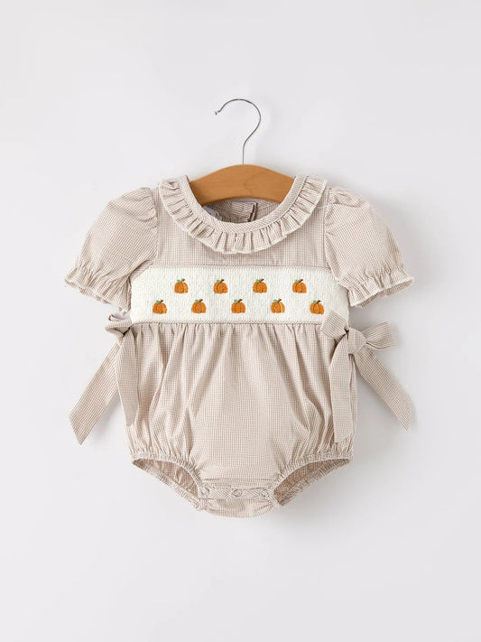 Charming Plaid Baby Girl Romper with Pumpkin Embroidery for Fall Festivities Rylee Faith Designs