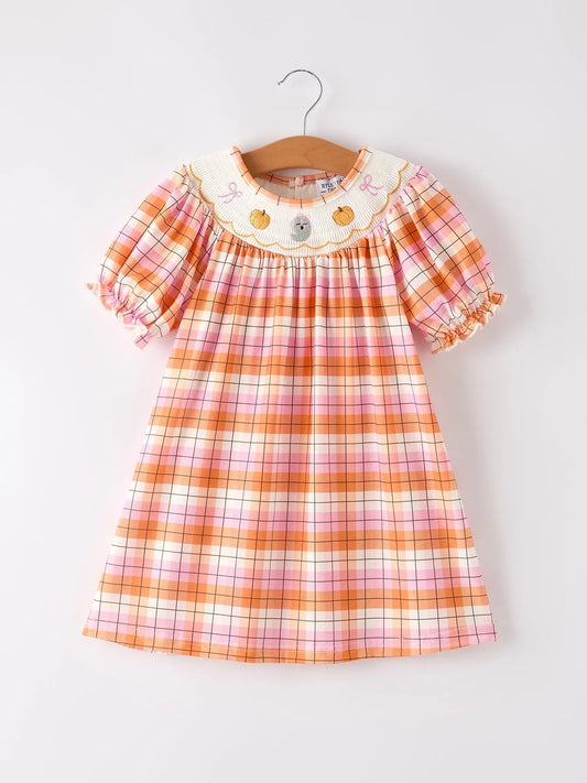 Charming Embroidered Plaid Dress with Pumpkin Bow for Girls Rylee Faith Designs